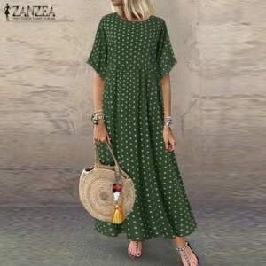 Bohemian Plus Size Polka Dot Maxi Dress for Women Over 50 & 60 – Printed Casual O-Neck Summer Long Sundress, Pleated Vestidos Female Robe
